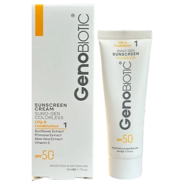 کرم ضد آفتاب بی رنگ پوست های چرب و مختلط SPF50 ژنوبایوتیک 50ml