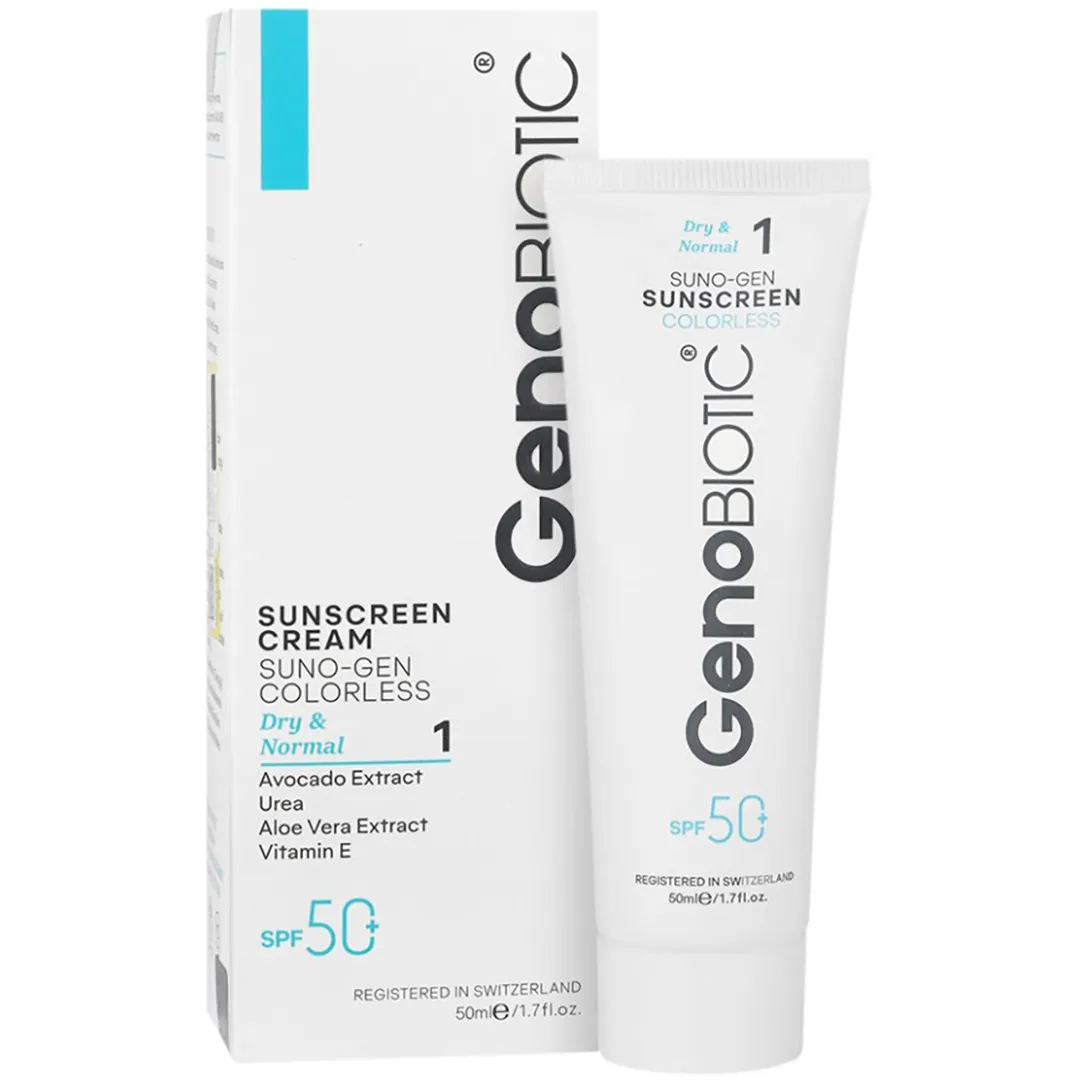کرم ضد آفتاب بی رنگ SPF50 پوست های خشک و معمولی ژنوبایوتیک 50 گرم
